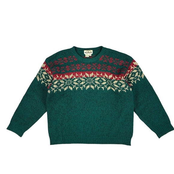Eddie Bauer Legends Vintage 100% Wool Green Knit Fair Isle Snowflake Sweater - Picture 1 of 7